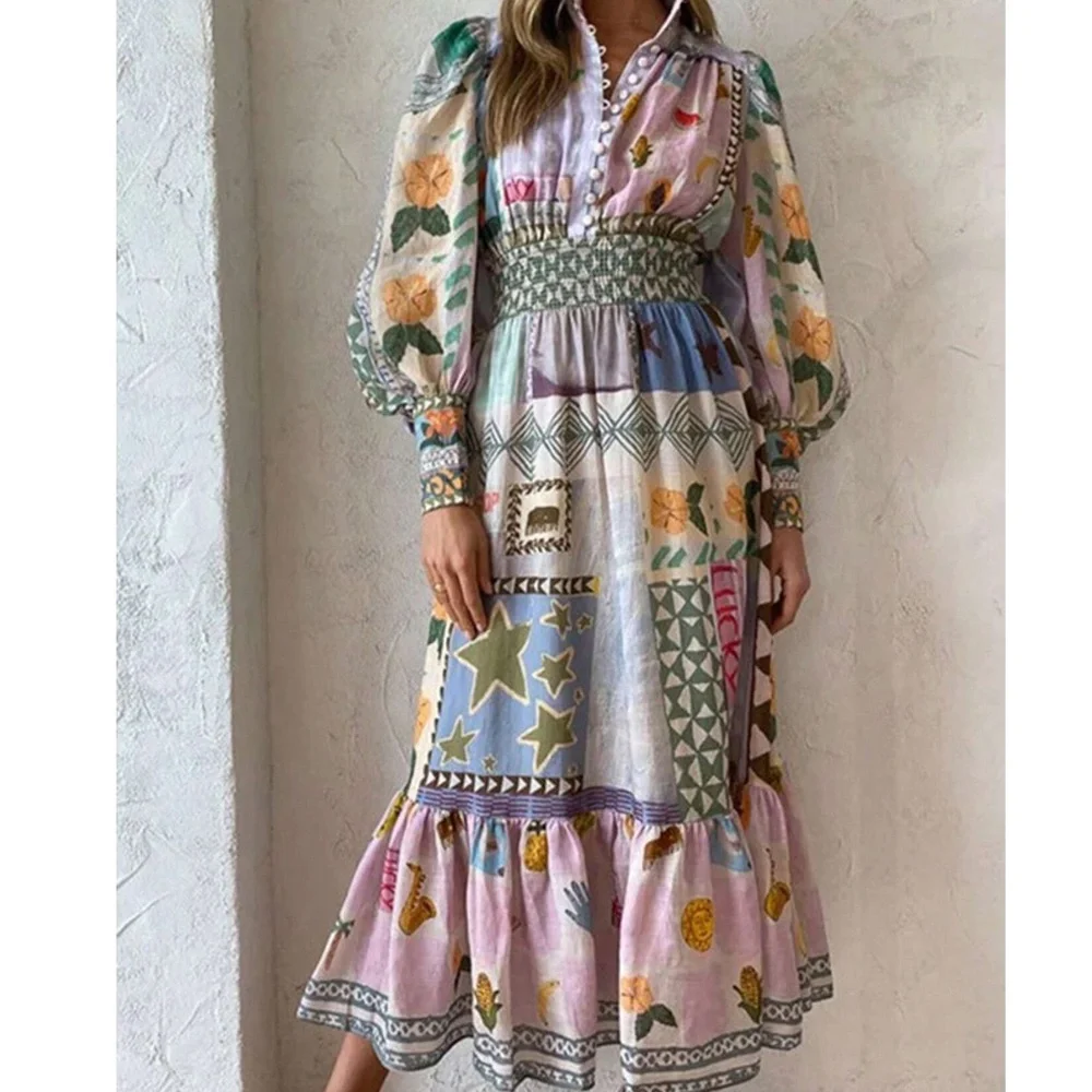 Boho Floral Star Mix Print Long Sleeve Maxi Dress - Picture 1 of 6